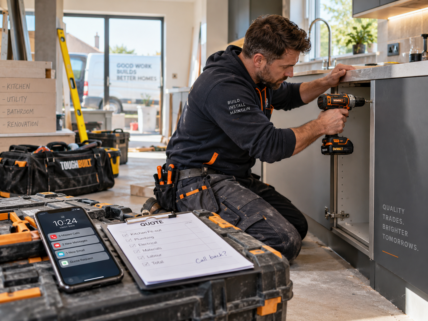 A tradesperson fitting a kitchen cabinet with a drill, with a phone showing missed calls and a quote checklist on the toolbox beside him